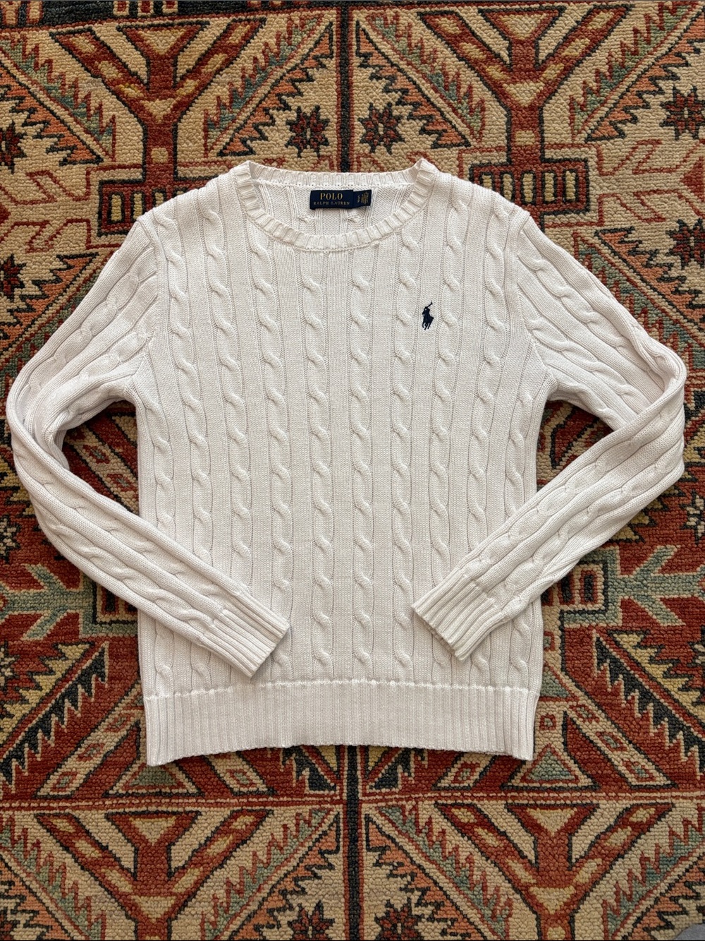 Polo Ralph Lauren Classic White Cable Knit Crewneck Pony Sweater Cotton Size S